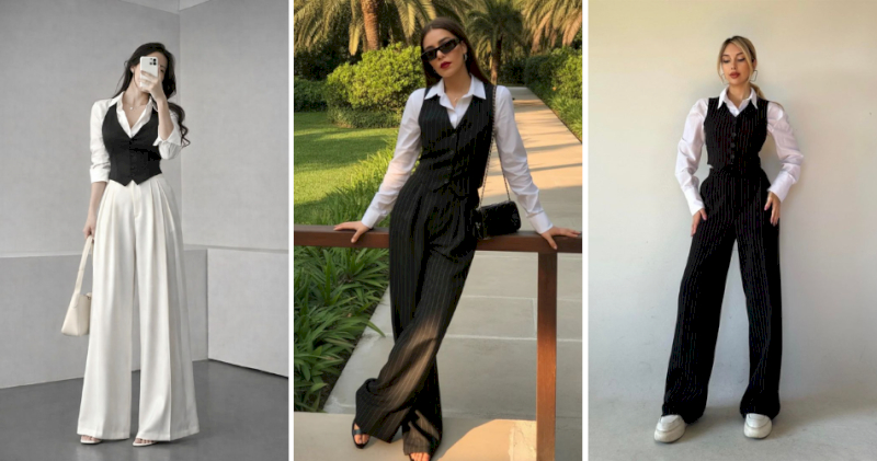 Gile len cổ chữ V phối sơ mi trắng và chân váy chữ A thanh lịch